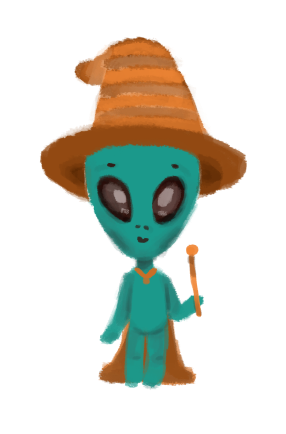 Alienígena verde com chapeu de bruxa, uma varinha mágica e uma capa, todos laranja